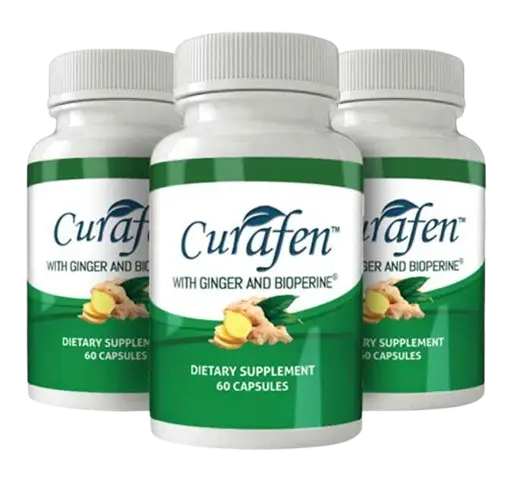 Curafen curcumin supplement bottle with BioPerine and organic ginger